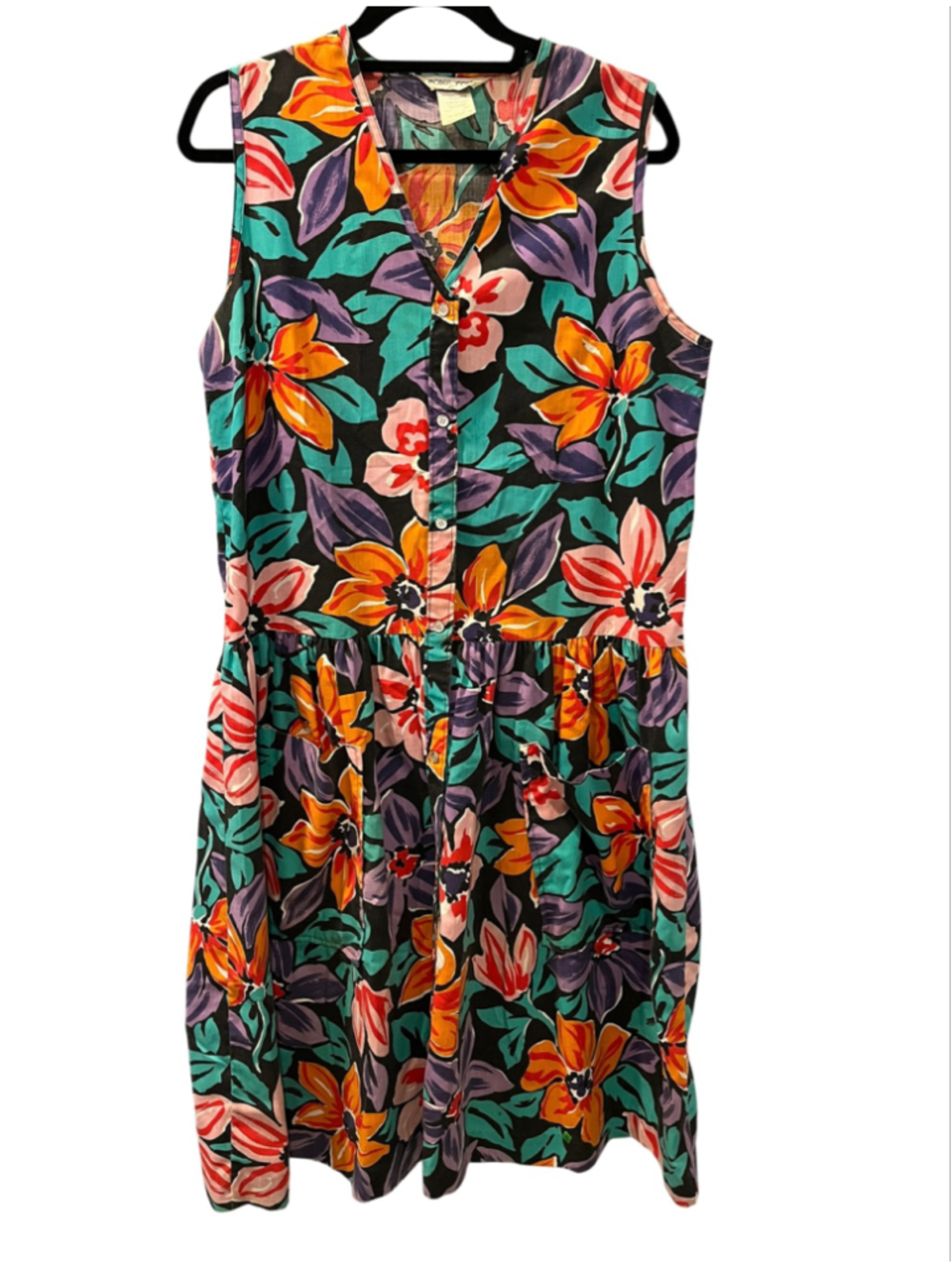 VTG 80s Models Coat Drop Waist House Dress Womens 16 Floral Tropical Sleeveless